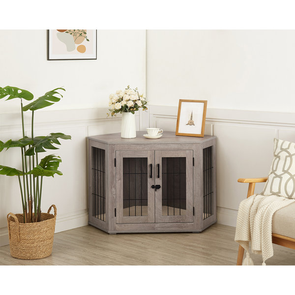 Archie & Oscar™ Dereham Furniture Corner Dog Crate With Cushion, Dog Kennel With Wood And Mesh